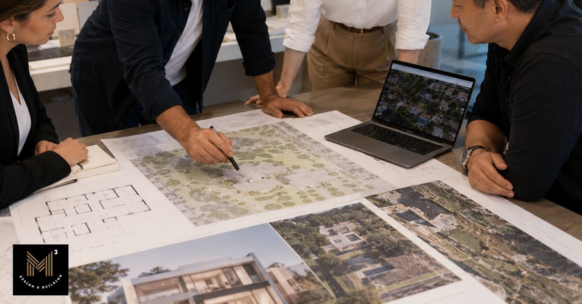 Project team reviewing site plans, aerial property maps, and development documents during an SB9 lot split feasibility assessment for a Los Angeles residential property.