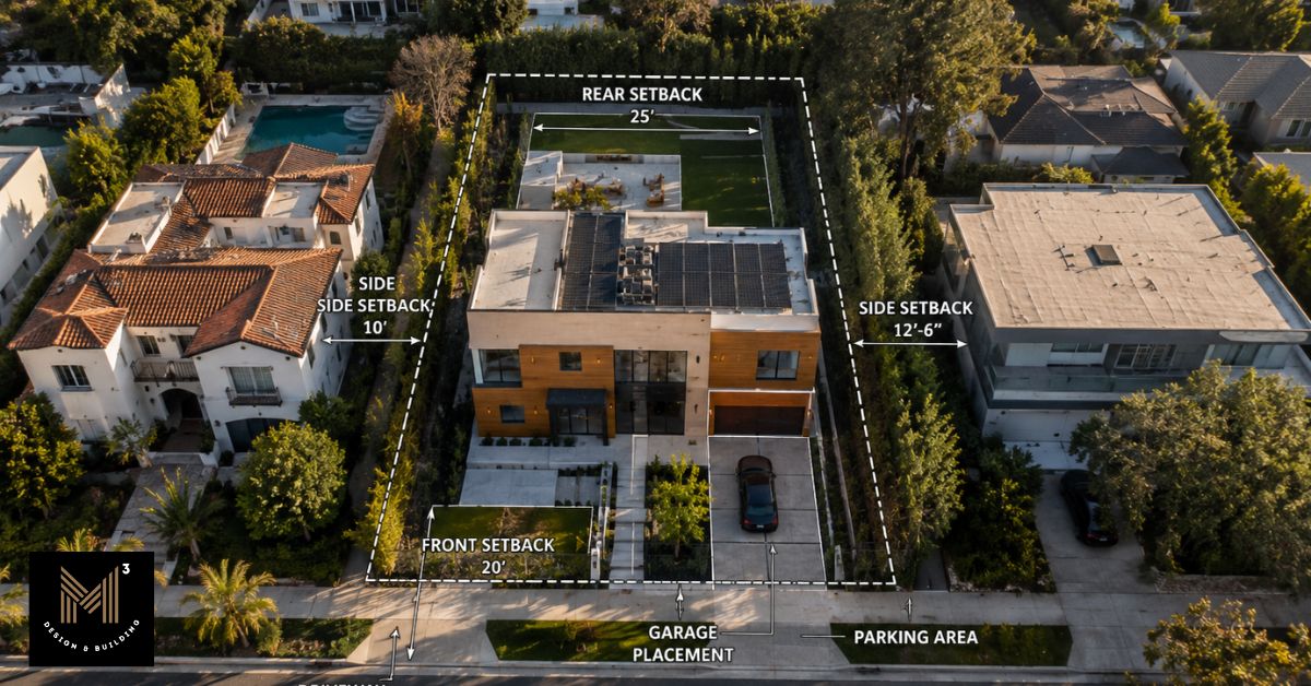 Aerial view of a Los Angeles residential property illustrating lot boundaries, front, side, and rear setback areas, driveway, and parking layout for an SB9 lot split and development feasibility discussion.