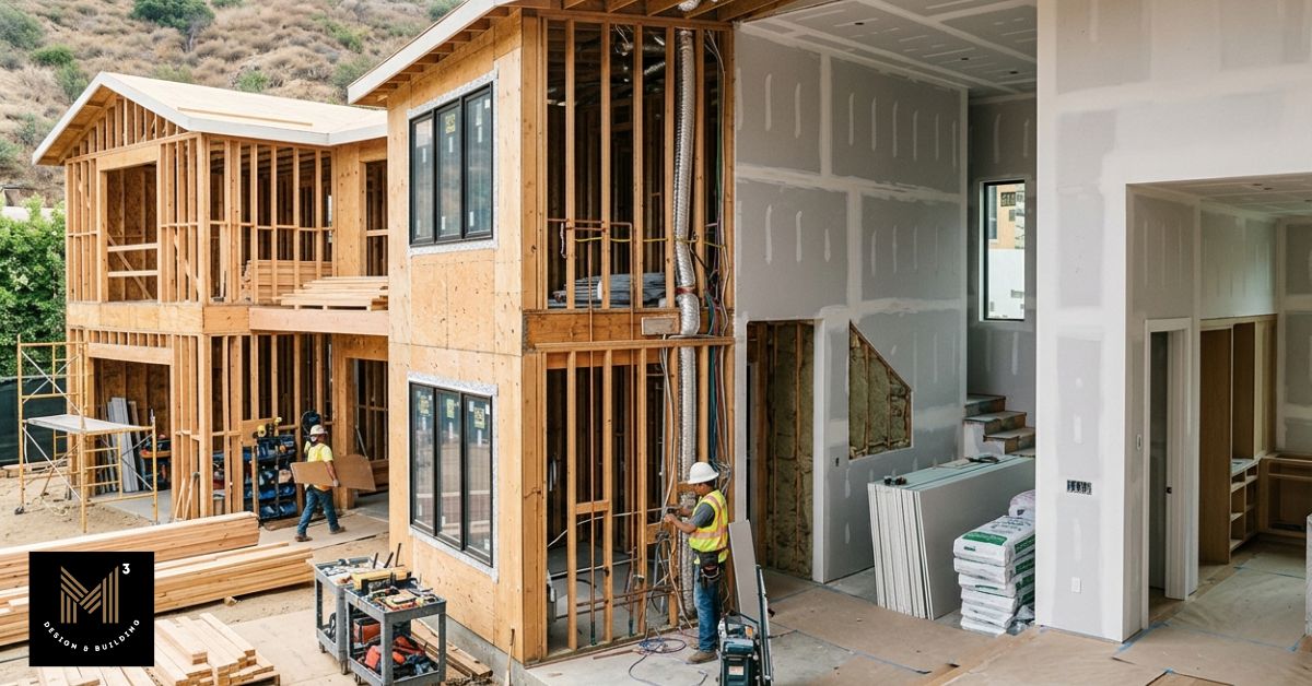 Residential construction site showing multiple project phases and coordinated work to improve schedule visibility and reduce avoidable delays.