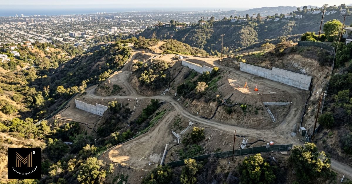 Aerial view of a hillside construction site showing terrain, grading, and retaining structures evaluated during a construction feasibility study.