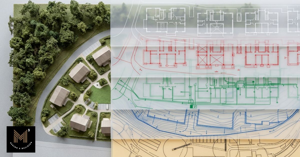 Integrated construction planning showing architectural models alongside structural, engineering, utility, and site plans for coordinated project development.