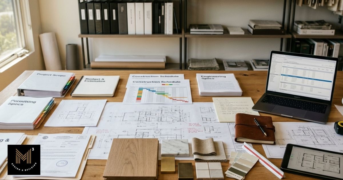 Construction planning desk with architectural drawings, schedules, and material samples illustrating the M-Cubed construction management process.