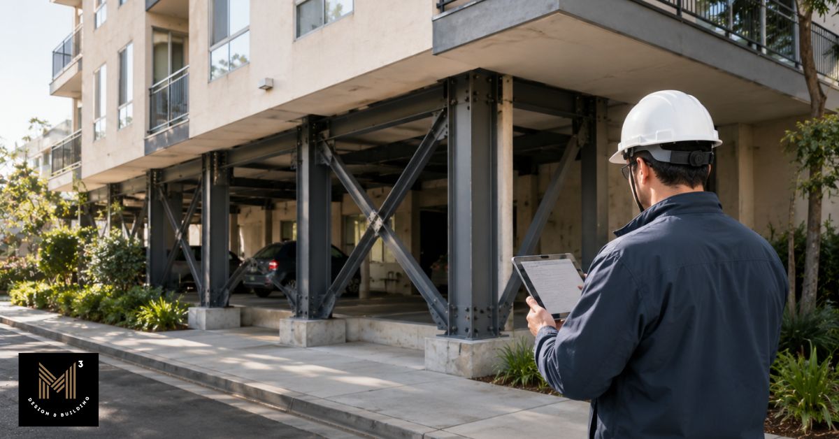 Building inspector reviewing a completed soft-story seismic retrofit with installed steel braced frames at a Los Angeles apartment building.