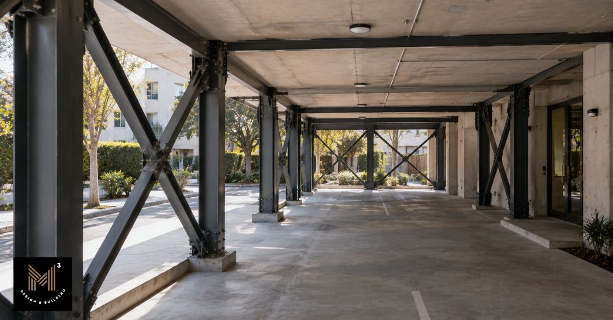 Steel braced frames installed beneath a Los Angeles apartment building to strengthen the soft-story ground floor against seismic forces.