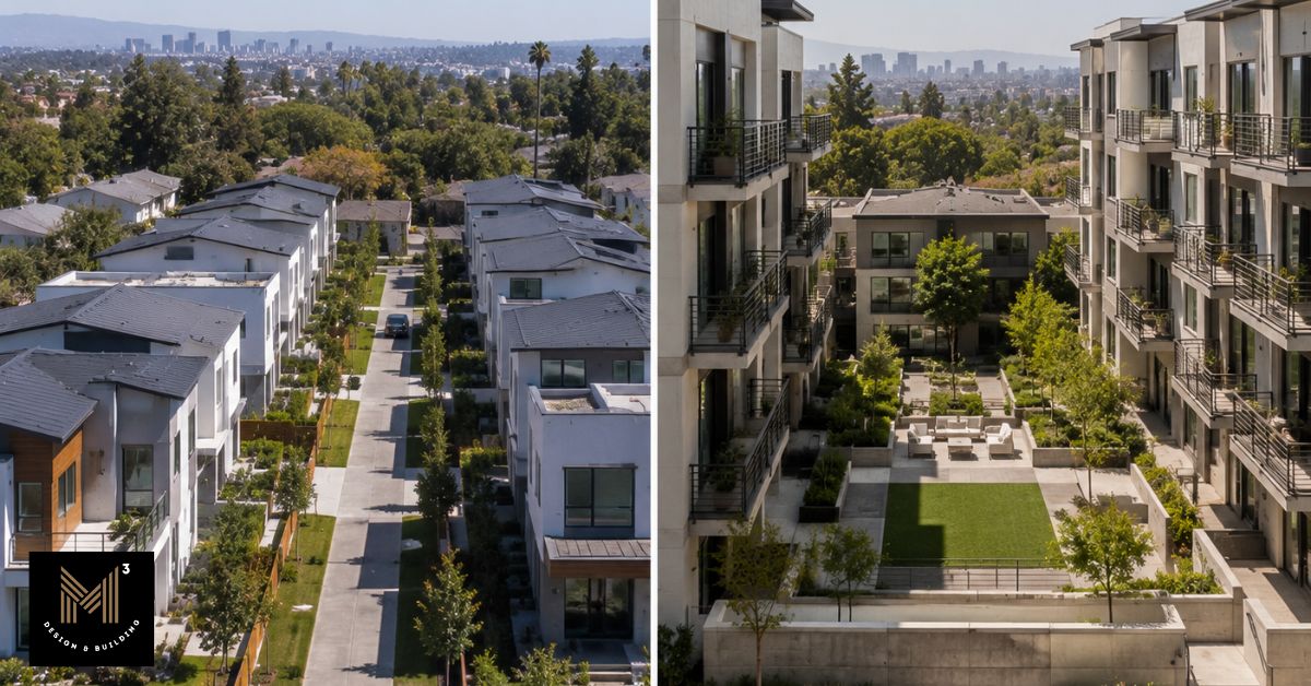 Modern residential developments comparing fee-simple small lot homes with condominium buildings and shared common areas in Los Angeles.