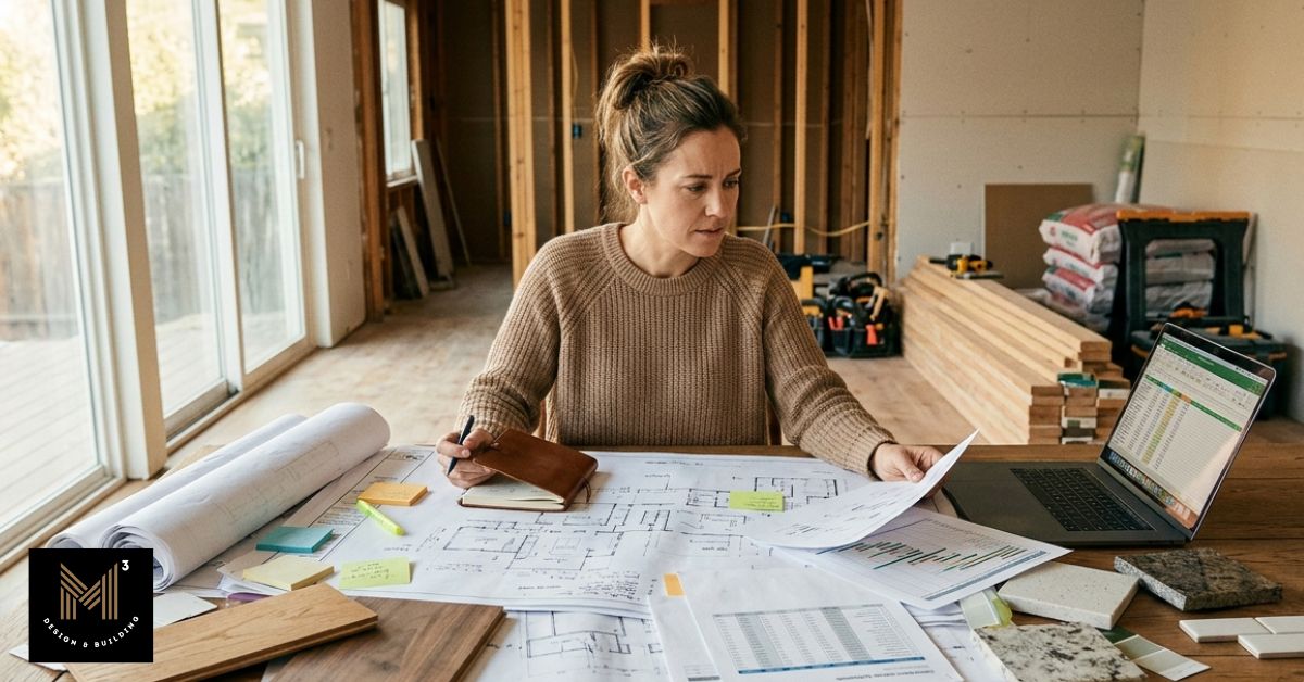 Homeowner organizing construction plans and documents while handling project coordination responsibilities