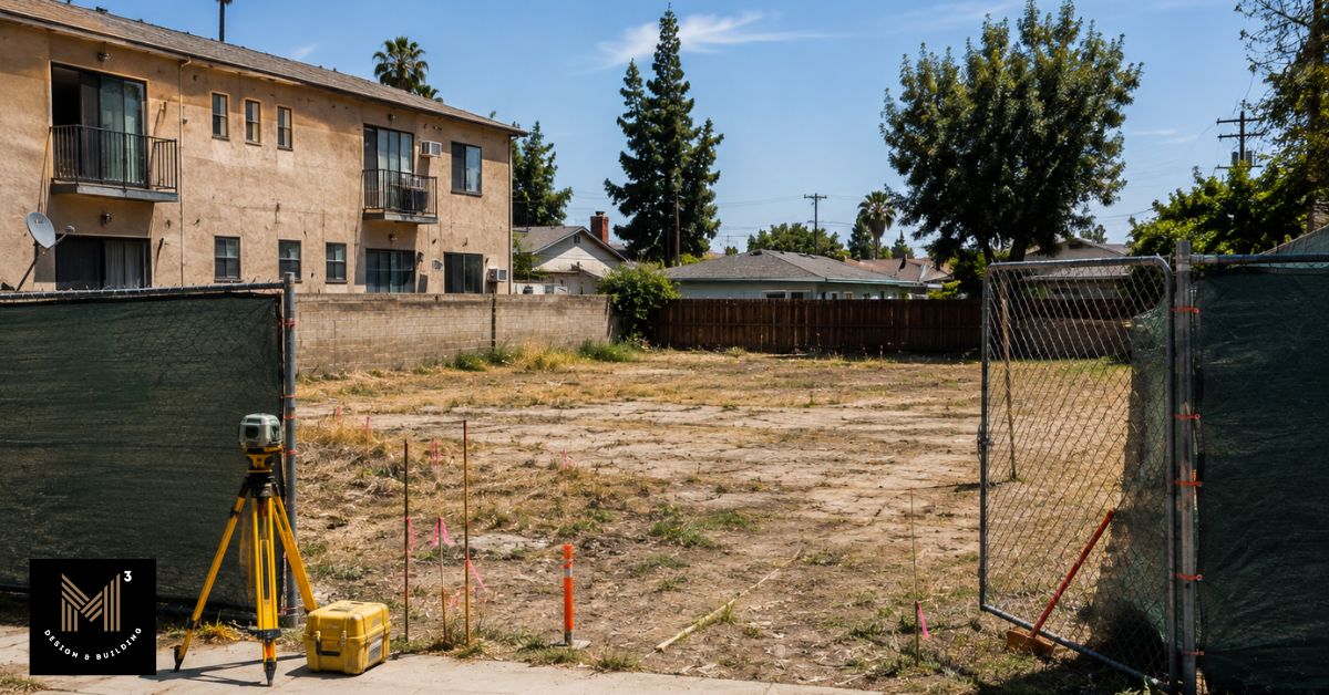 Residential development site undergoing early feasibility evaluation with survey markers and grading assessment before design and construction.